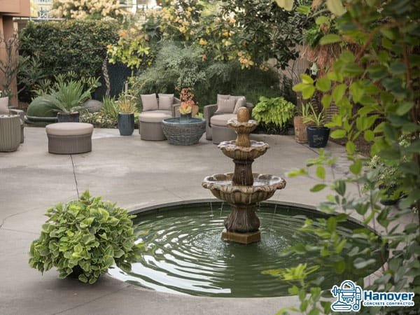 A well-designed concrete patio with a fully equipped outdoor kitchen, including a grill, countertops, and bar seating, perfect for outdoor cooking and entertaining.