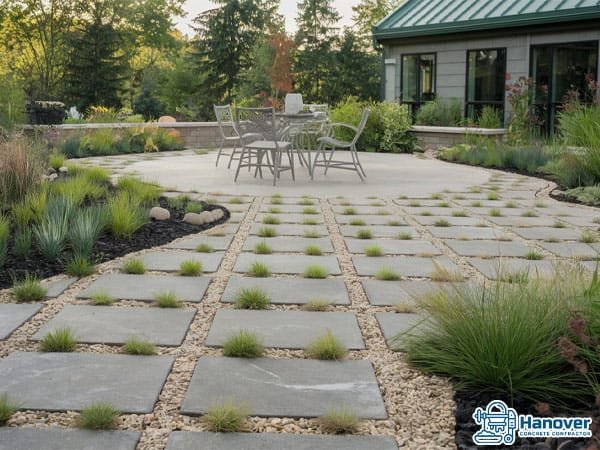 Eco-friendly concrete patio with permeable pavers and greenery.