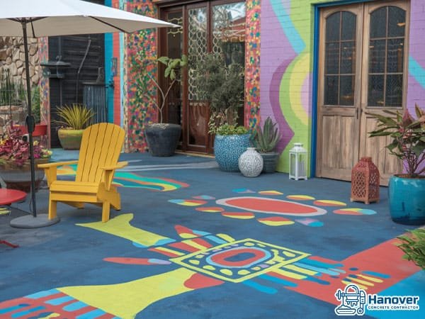 Painted concrete patio with vibrant colors and patterns.