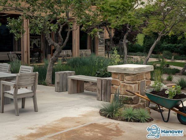 Rustic concrete patio with wooden furniture and natural elements.