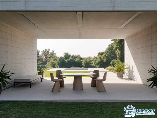 Sleek and modern minimalist concrete patio with clean lines and simple furniture.