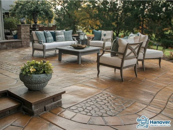Textured and stamped concrete patio with intricate patterns and stylish furniture.